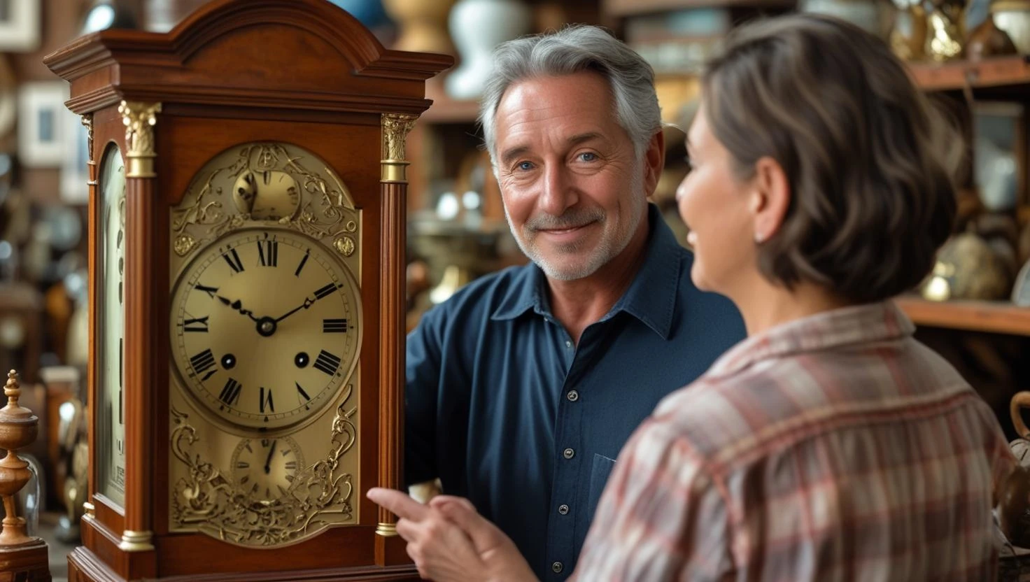 antiques dealer showing an antique clock to a woman