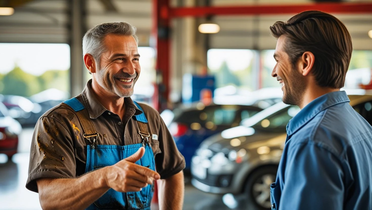 Mechanic talking with his happy customer