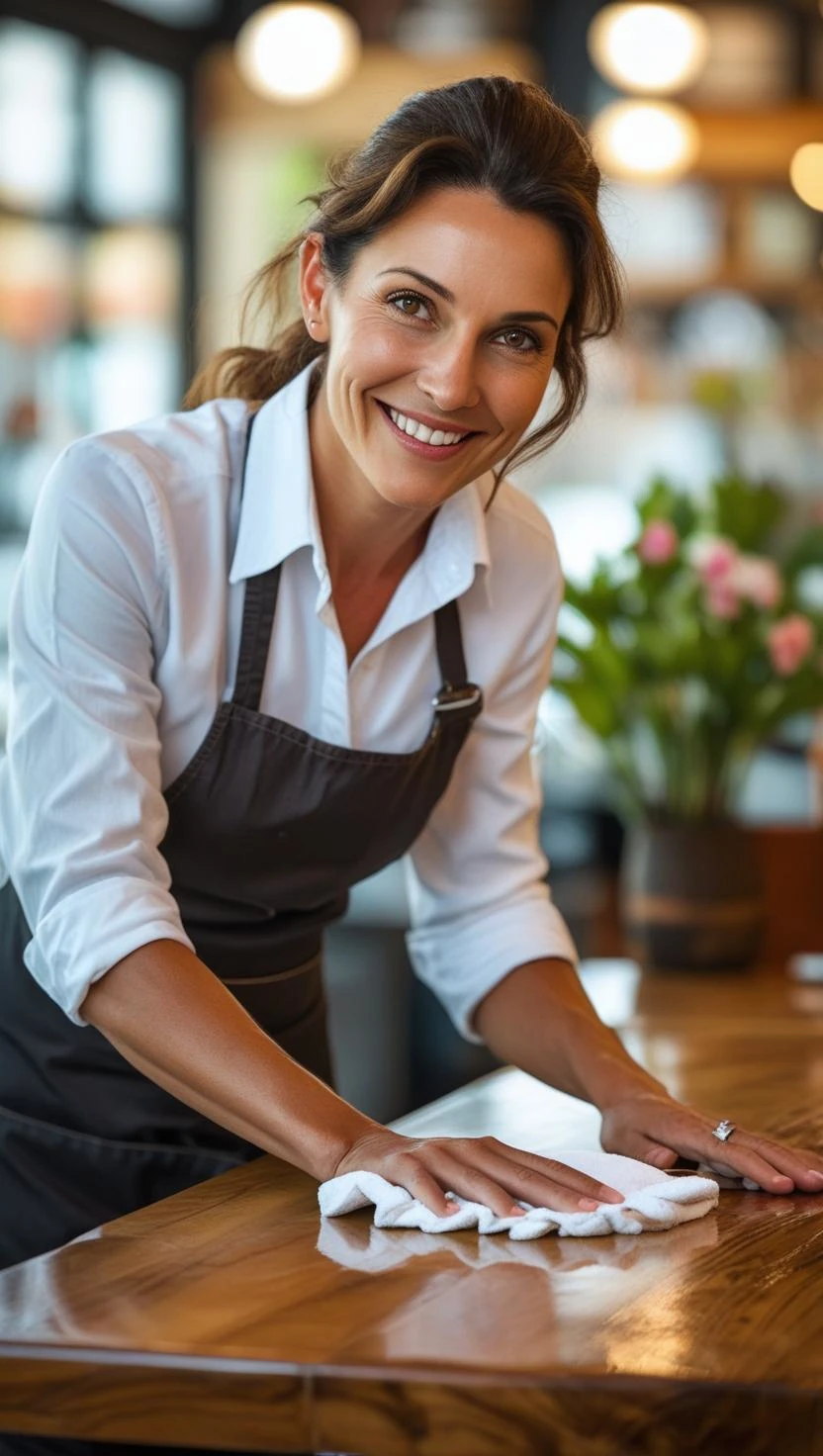 restaurant owner cleaning table