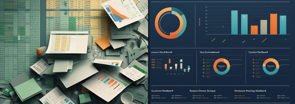 split screen. Messy google sheet on left, easy to read dashboard on right