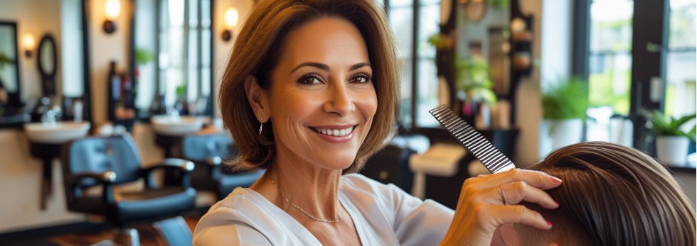 A female hair dresser smiling while cutting a customers hair